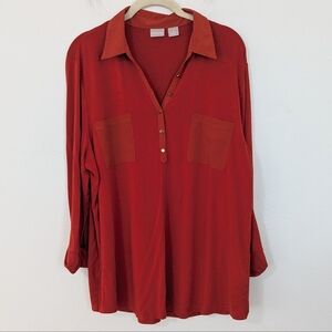 Chico’s Knit Top Woven Detail Pocket Button Roll Tab Collared Red Orange 3 XL